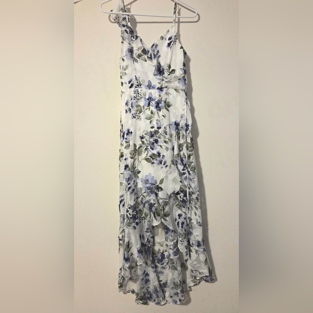 XS Women's BCX Floral High Low Formal Dress in White, Green, and Blue